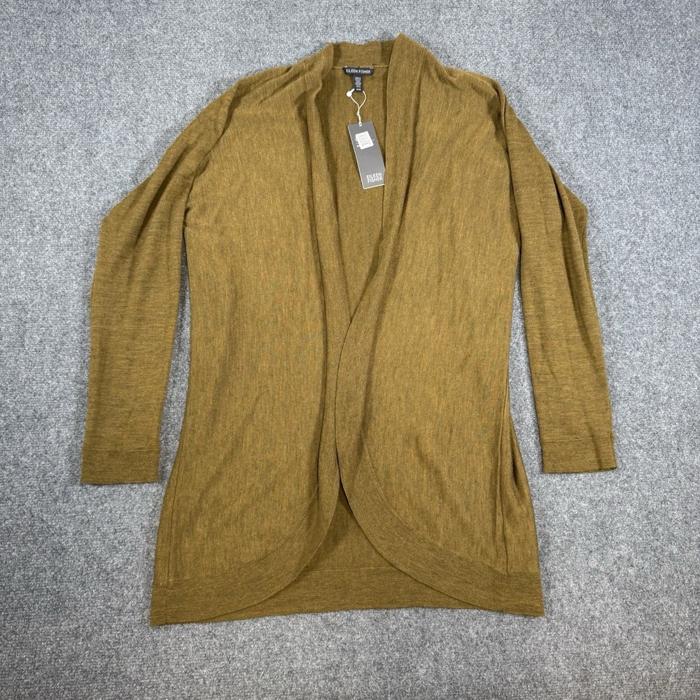 NEW Eileen Fisher Cardigan Womens Medium Gold Mustard Ultra Fine Merino Wool